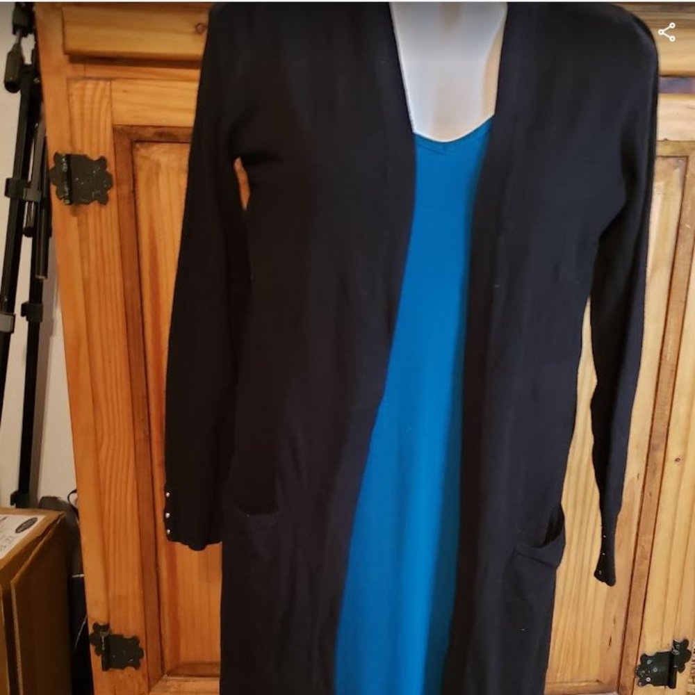 White House Black Market MED Black Open Front Sweater Cardigan long slee…